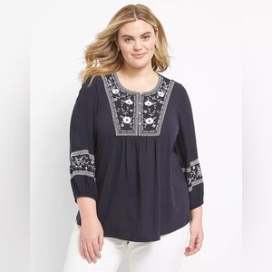 Lane Bryant Blouson-Sleeve Henley Embroidered Top Loose/Relaxed in Night Sky NWT